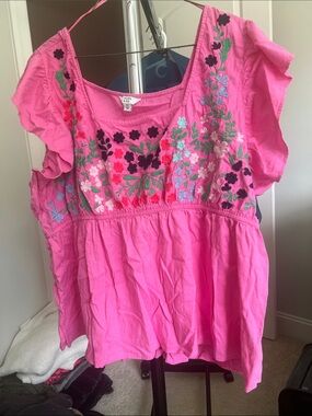 Crown and Ivy Pink Floral embroidered top with Sleeveless Ruffled Detail